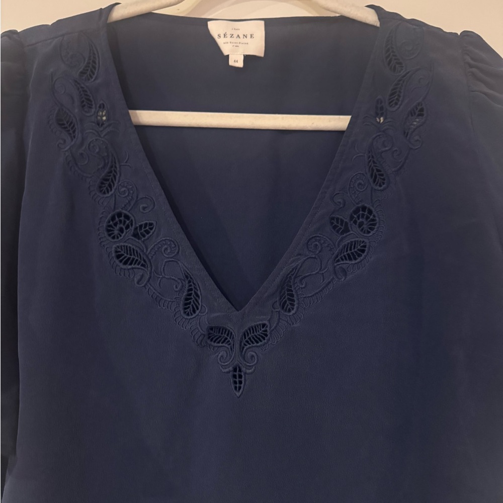 Sezane Navy Embroidered V-Neck Blouse- 100% Silk - Picture 2 of 6